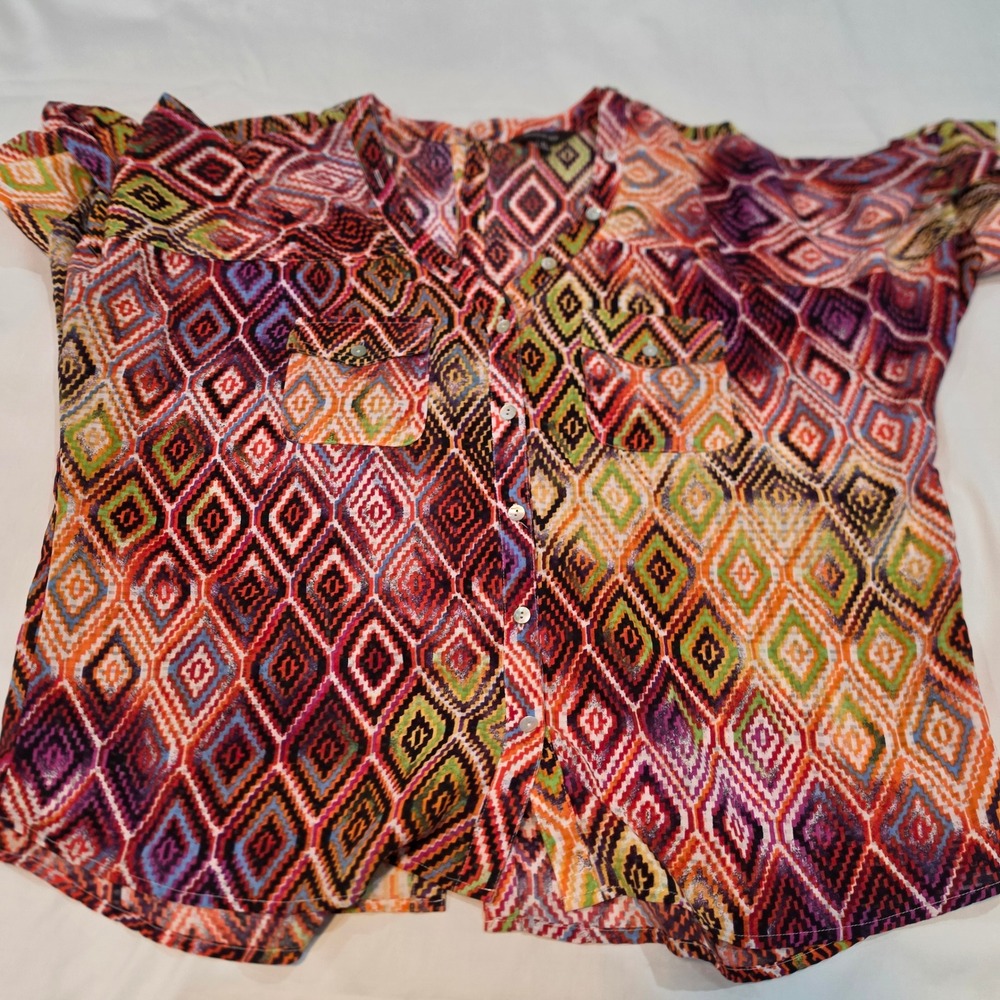 Multiples Button Down Shirt Womens PL Multicolor Geometric Diamond Boho Top